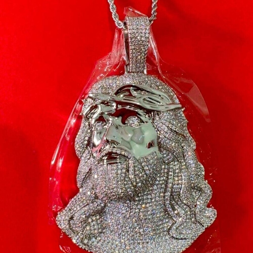 Iced Out Jesus Piece Pendant, Silver Rope Chain, CZ Hip Hop Necklace - Picture 4 of 9